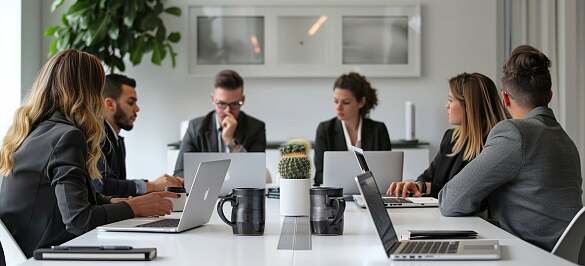 Eine Gruppe Personen sitzen im Büro in einem Meeting